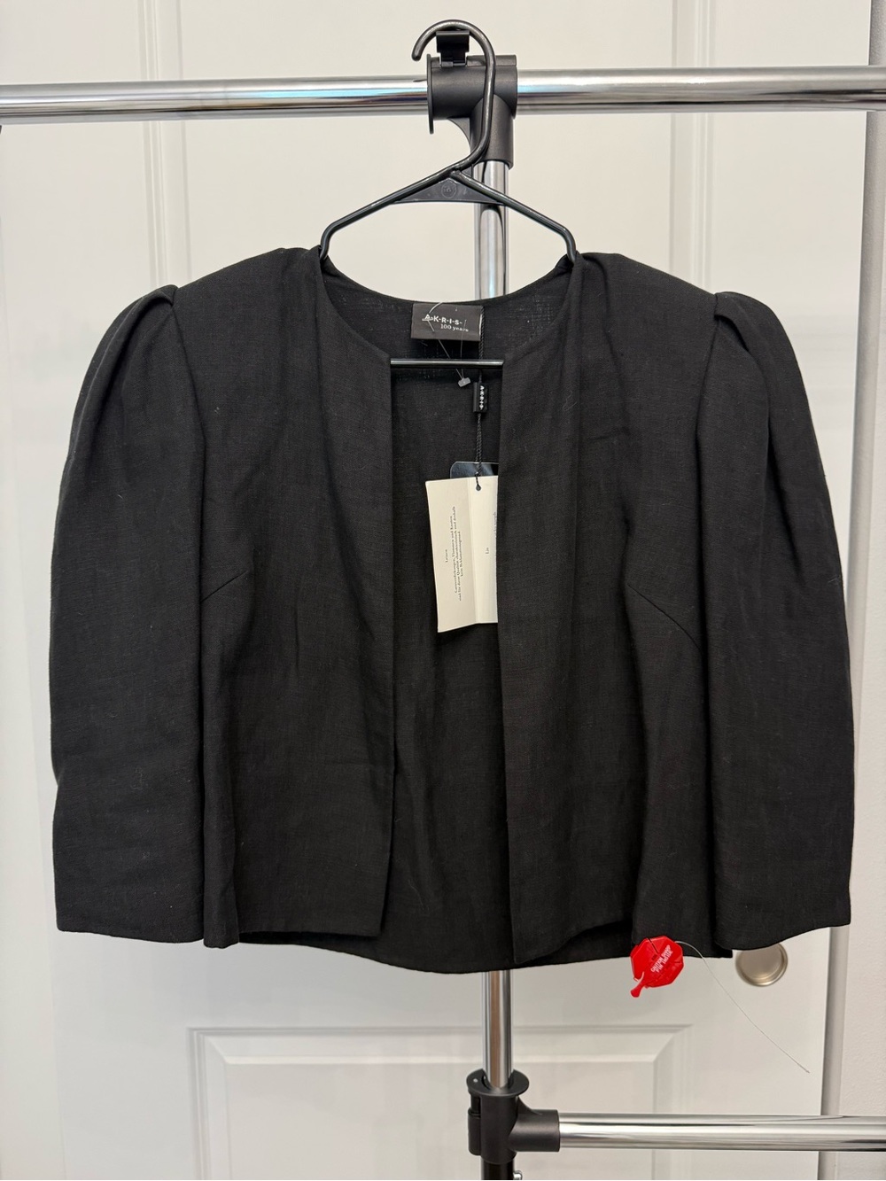 Akris Black Cropped Open-Front Blazer with Puff Shoulders